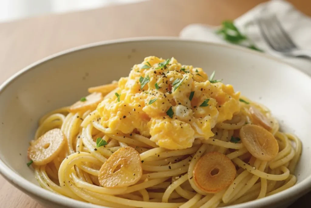 Macarrão rápido com alho, azeite e ovos servido em prato simples
