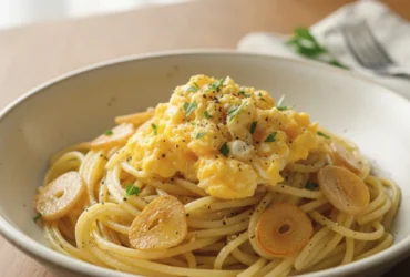 Macarrão rápido com alho, azeite e ovos servido em prato simples