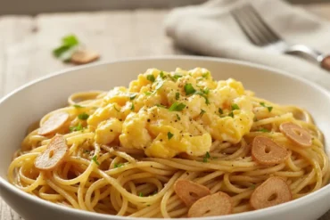 Macarrão alho e óleo com ovos servido em prato simples, ideal para refeição rápida