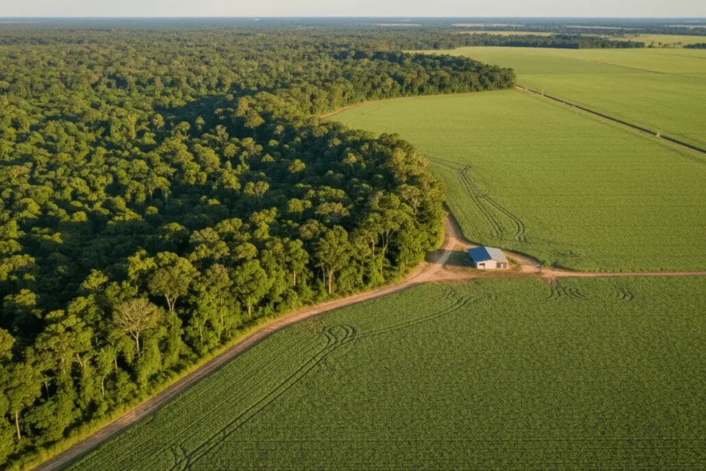 Integração entre lavoura de soja legalizada e preservação ambiental em Mato Grosso.