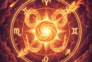 Ilustração dos signos de fogo Áries, Leão e Sagitário representados por chamas e energia intensa