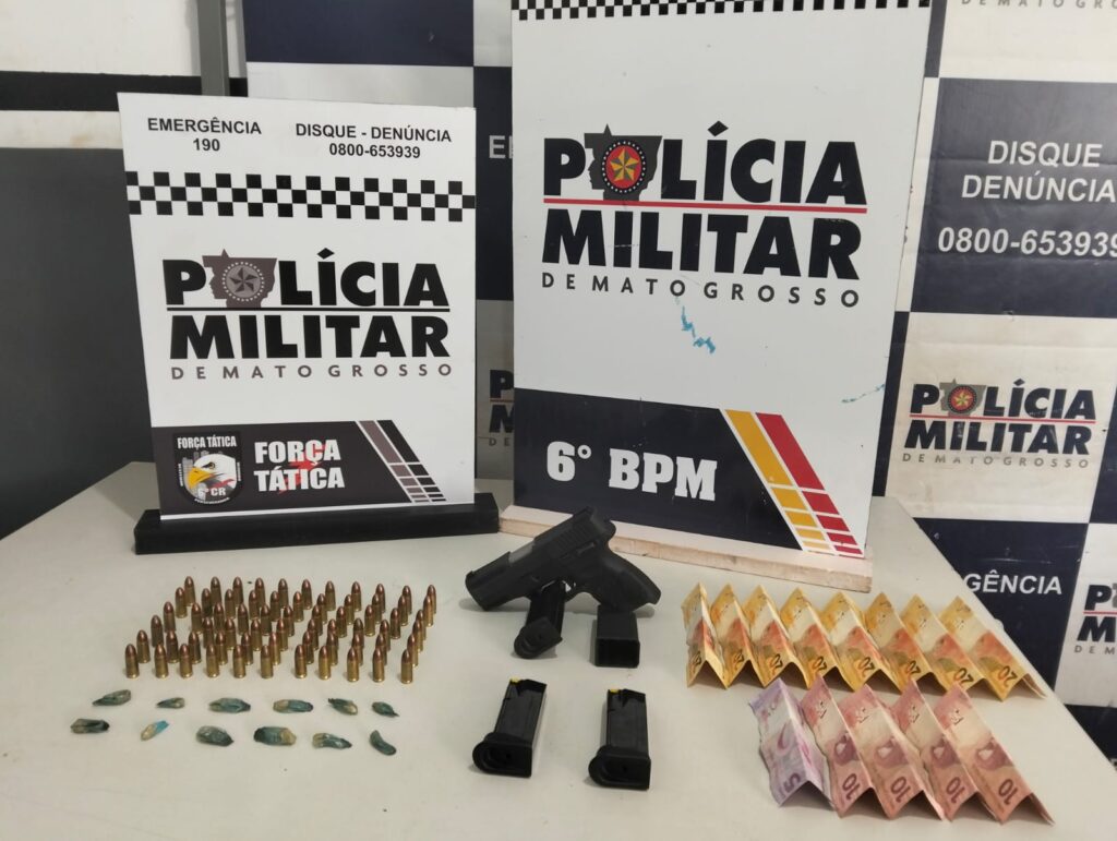 Operação da PM apreende arma de fogo, munição e drogas e prende suspeitos com vínculos a facção em Cáceres
