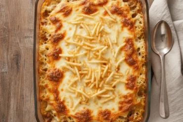 Refratário com arroz de forno cremoso, queijo gratinado e batata palha.