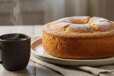 Bolo de fubá caseiro servido com café em mesa simples
