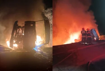 Carreta transportava óleo vegetal, que intensificou as chamas; outra pessoa foi socorrida por terceiros antes da chegada do resgate