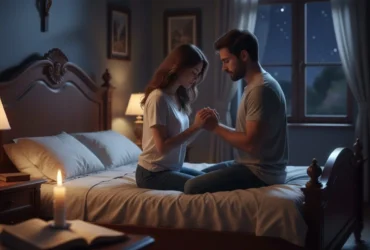 casal rezando sobre a cama ao anoitecer -CenárioMT