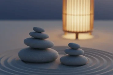 Pedras equilibradas em um jardim zen simbolizando estabilidade e equilíbrio no Horóscopo Chinês.