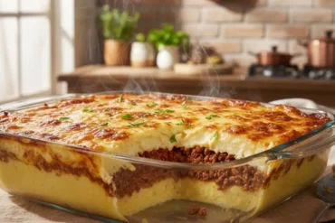 Escondidinho de carne moída com purê de batata e queijo gratinado em um refratário de vidro sobre uma mesa.