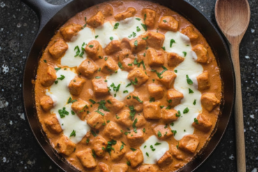 Frango cremoso com queijo derretido servido direto na frigideira.