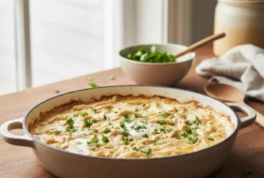 Frango desfiado cremoso servido como almoço simples de domingo