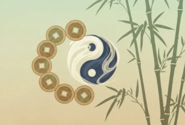 Representação artística de elementos da cultura chinesa com símbolos de equilíbrio e natureza, como bambus e moedas antigas, em tons suaves.