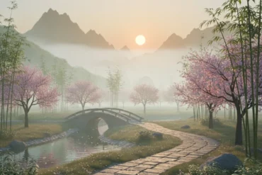 Paisagem serena com montanhas e névoa representando ciclos e transições do Horóscopo Chinês.