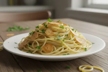 Prato de macarrão com alho e óleo e salsinha fresca