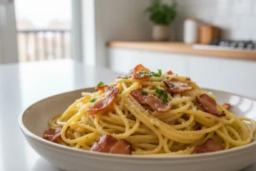 Macarronada com cubos de bacon dourados e queijo ralado servida em um prato branco.
