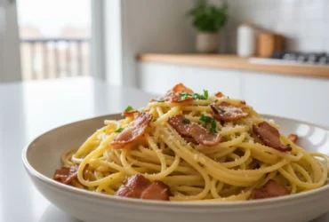 Macarronada com cubos de bacon dourados e queijo ralado servida em um prato branco.