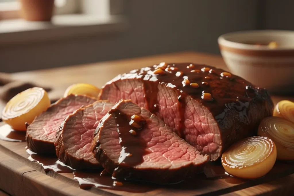 Maminha na cerveja preta fatiada, servida com molho escuro e cebolas, pronta para o almoço.