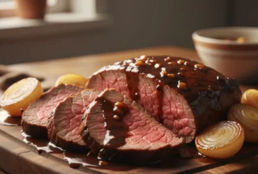 Maminha na cerveja preta fatiada, servida com molho escuro e cebolas, pronta para o almoço.