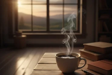 Xícara de café em ambiente acolhedor à luz do entardecer, simbolizando uma pausa reflexiva.
