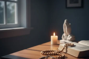 ambiente noturno silencioso com símbolos de fé e clima de recolhimento espiritual.