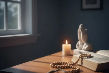 ambiente noturno silencioso com símbolos de fé e clima de recolhimento espiritual.