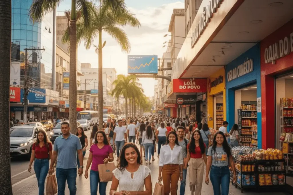 Movimentação no comércio local simbolizando o aumento do poder de compra em Mato Grosso.