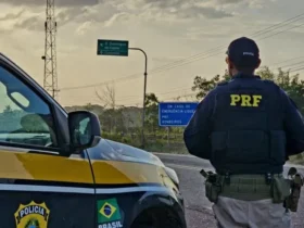 Oficial da PRF ao lado de Viatura
