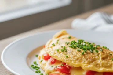 Omelete recheada dourada com queijo derretido e ervas frescas servida no prato.