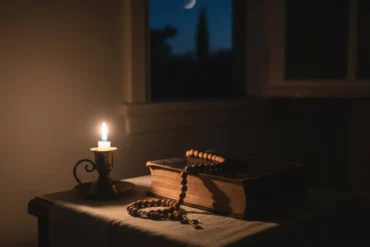 Bíblia e terço iluminados suavemente durante a noite