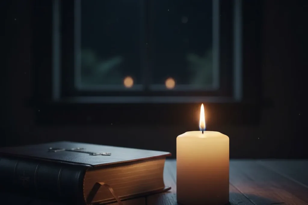 Vela acesa iluminando a Bíblia em um momento de oração noturna católica