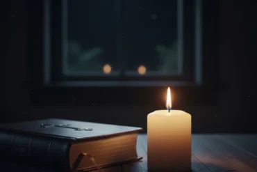 Vela acesa iluminando a Bíblia em um momento de oração noturna católica