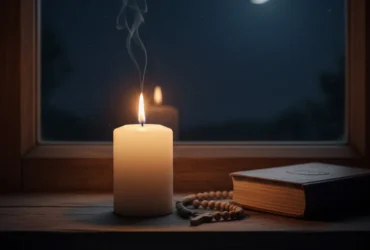 Bíblia iluminada pela luz da noite simbolizando oração e descanso espiritual