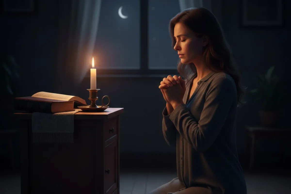Vela acesa iluminando a Bíblia durante a oração da noite católica