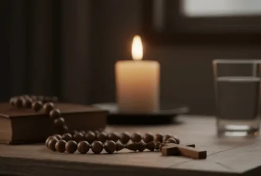 Terço católico sobre mesa de madeira sob luz de vela em ambiente de oração noturna.