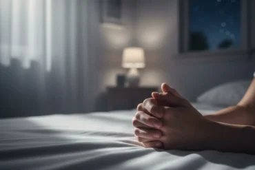 Mãos em oração durante a noite de segunda-feira buscando paz e descanso divino.