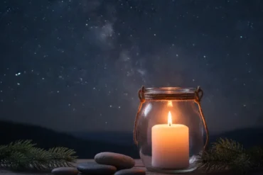Noite serena com vela acesa simbolizando oração e paz