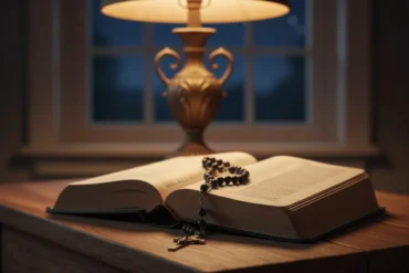 Bíblia e rosário em mesa de cabeceira sob luz suave para oração da noite católica.