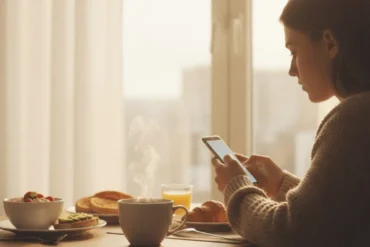 Xícara de café com vapor saindo em ambiente tranquilo de manhã, simbolizando reflexão e pausa.