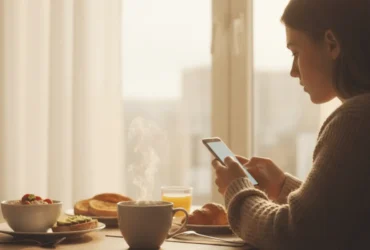 Xícara de café com vapor saindo em ambiente tranquilo de manhã, simbolizando reflexão e pausa.