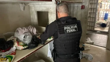 Policial Penal revistando itens para entrada em penitenciária