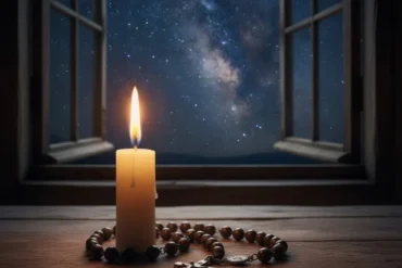 Terço católico e vela acesa simbolizando a oração da noite em um ambiente de paz e fé.