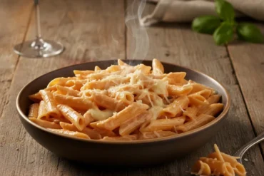 Prato de macarrão penne cremoso com molho de tomate e queijo derretido sobre mesa de madeira.