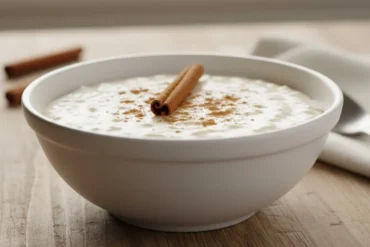 Arroz doce cremoso servido em tigela com canela