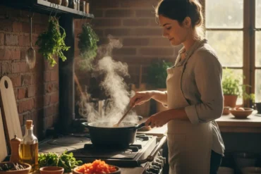 Mulher cozinhando em frente ao seu fogaão