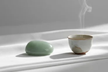 Pedra de jade e xícara de chá simbolizando o refinamento e a paciência no Horóscopo Chinês.
