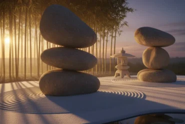 Pedras equilibradas em um jardim oriental simbolizando a harmonia e a paciência no Horóscopo Chinês.