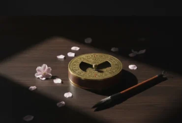 Representação simbólica do Horóscopo Chinês com bússola tradicional e elementos de caligrafia em ambiente sereno.