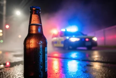 Foto de uma garrafa de cerveja parada na calçada ao lado de uma viatura da polícia