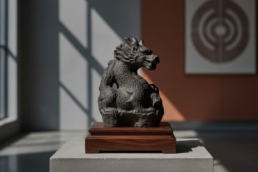 Escultura de dragão chinês em pedra sobre base de madeira com iluminação sofisticada.