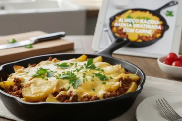 Frigideira de batata com carne moída e queijo derretido, representando um almoço rápido e fácil, com acabamento de ervas frescas.