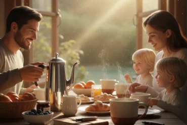 Janela iluminada pela luz do sol com uma xícara de café sobre mesa de madeira sugerindo calma matinal.